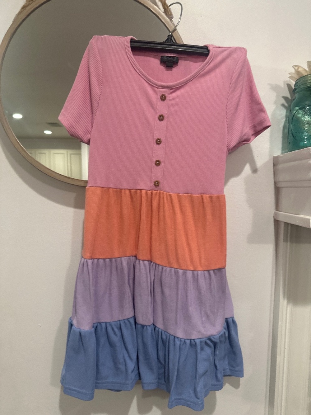 Picapino Girls Colorblock Ribbed Tiered Dress Size 12 Pink Coral Lavender Blue